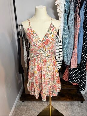 Angie Floral Wrap Mini Dress in White, Pink and Orange